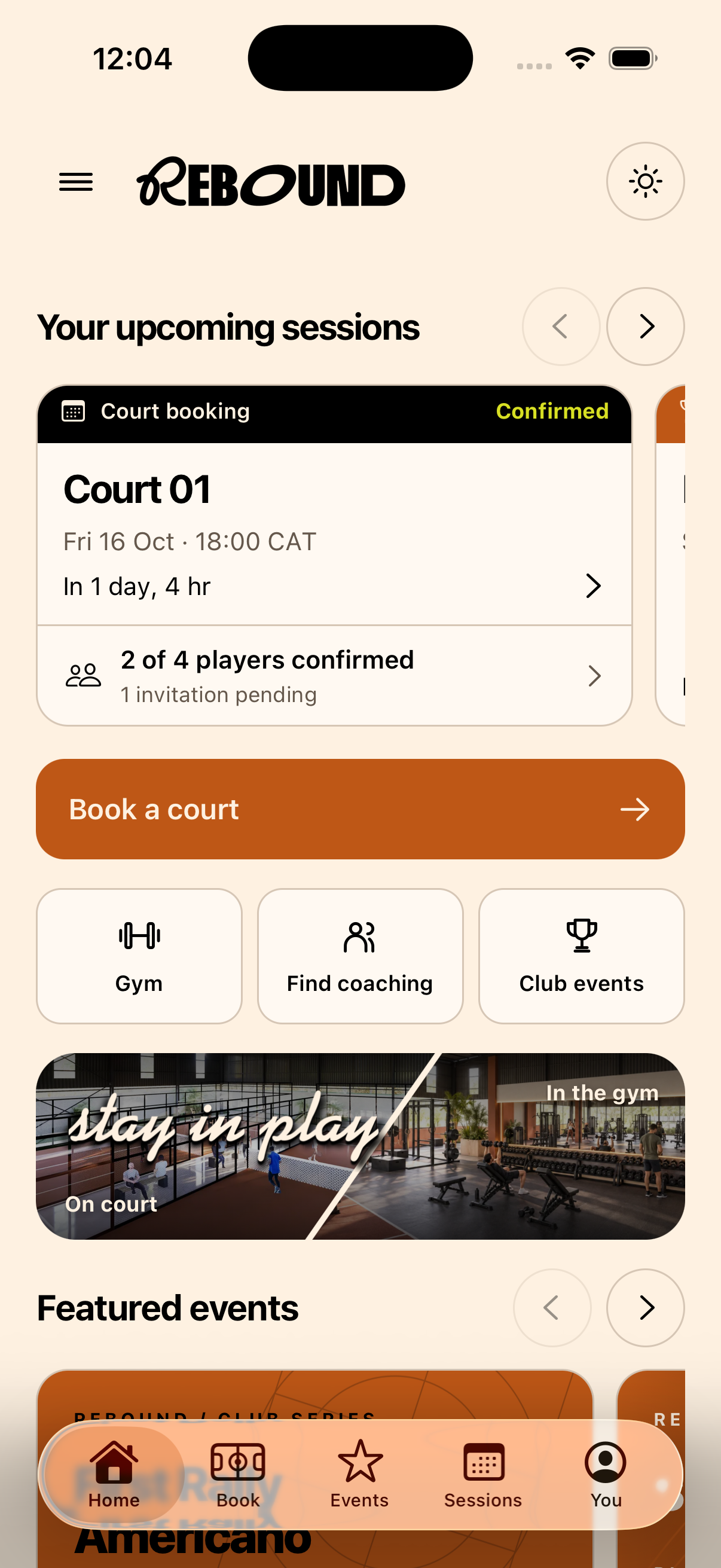 Rebound iPhone app home screen showing upcoming sessions, court booking, coaching and club events