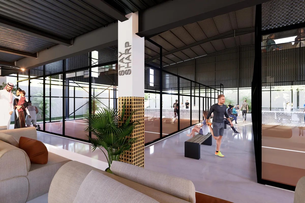 Architectural preview of seating beside the Rebound padel courts